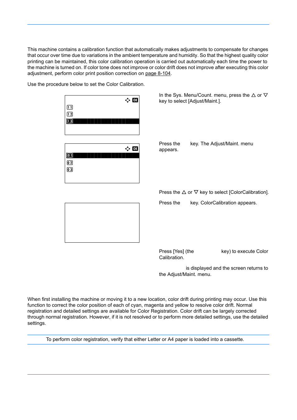 Colorcalibration, Color regist, Colorcalibration …8-104 | Color regist. …8-104 | TA Triumph-Adler DCC 6526L User Manual | Page 349 / 526