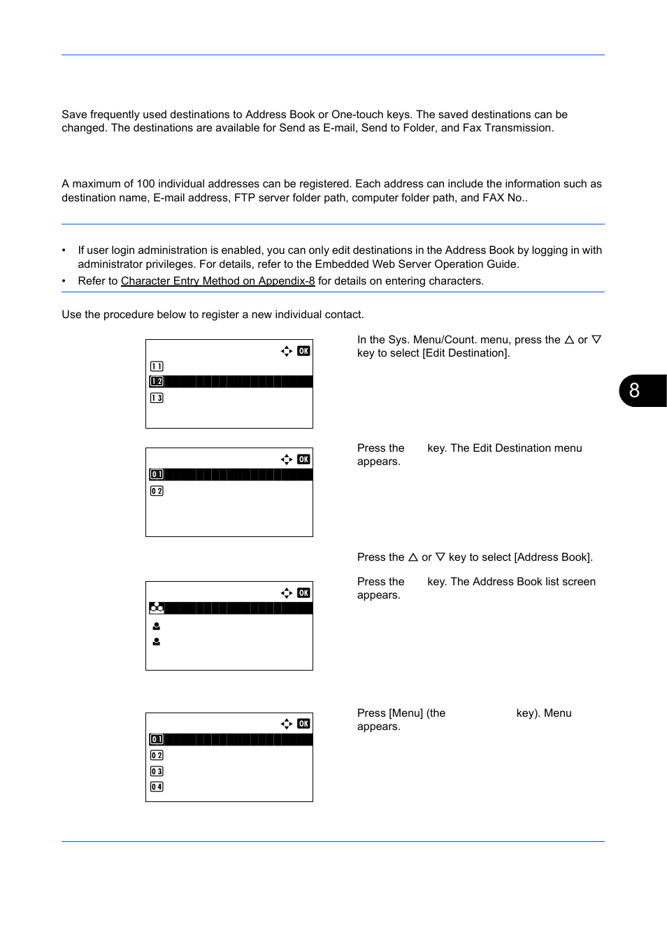 Adding an individual destination, Editing destination (address book/adding, One-touch keys) -133 | TA Triumph-Adler DCC 6526L User Manual | Page 378 / 526