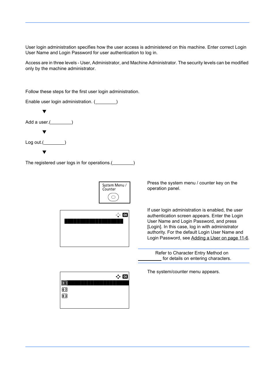 User login administration, First user login administration, Displaying user login administration | User login administration -2 | TA Triumph-Adler DCC 6526L User Manual | Page 451 / 526