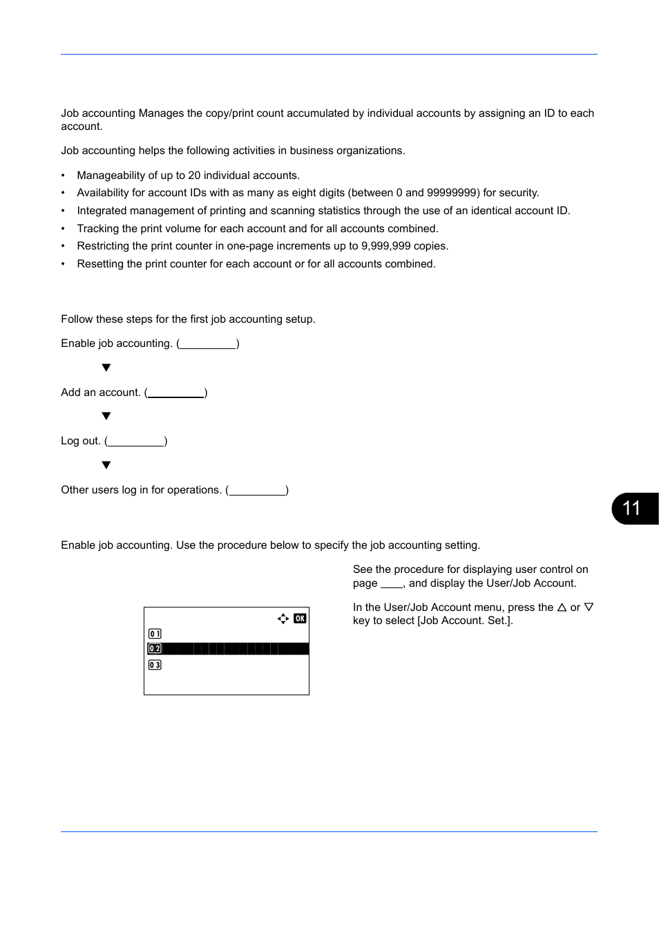 Job accounting, First job accounting setup, Enabling/disabling job accounting | Job accounting -13 | TA Triumph-Adler DCC 6526L User Manual | Page 462 / 526