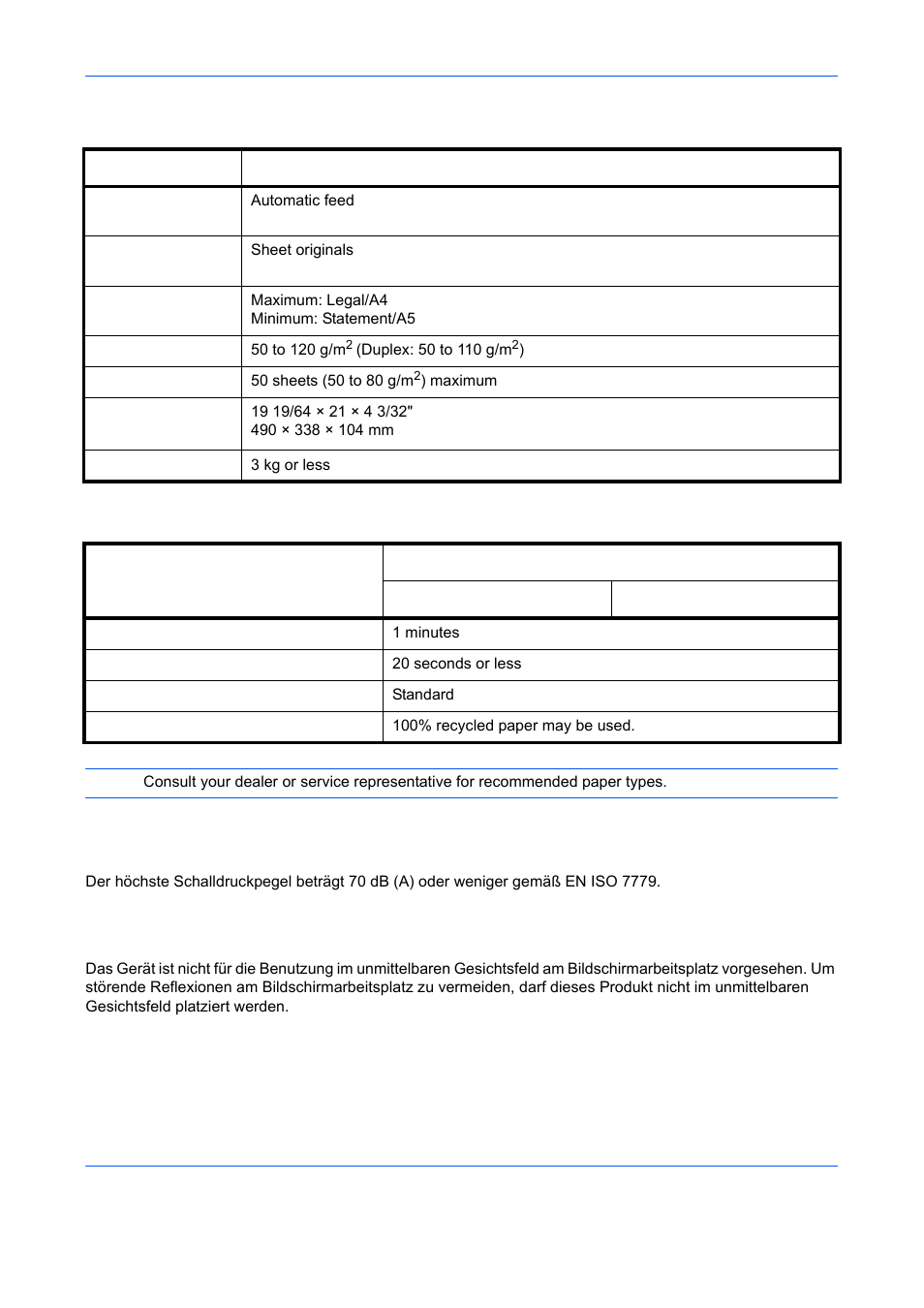 Document processor, Environmental specifications, En iso 7779 | Ek1-itb 2000, Document processor environmental specifications | TA Triumph-Adler DCC 6526L User Manual | Page 511 / 526