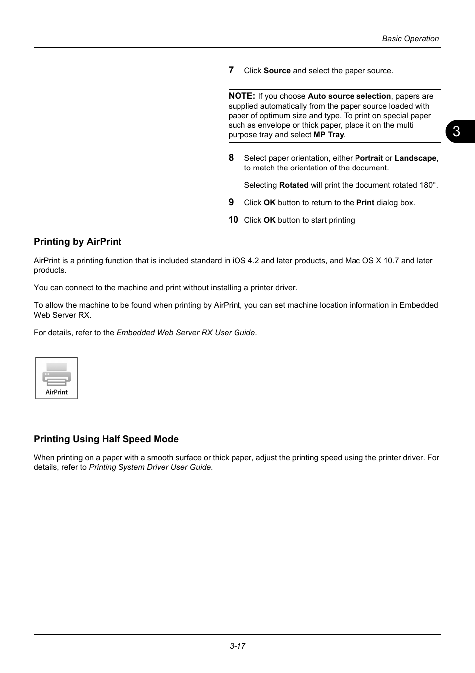 Printing by airprint, Printing using half speed mode | TA Triumph-Adler P-3020 MFP User Manual | Page 113 / 481