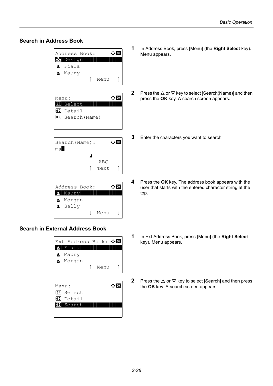 Search in address book, Search in external address book | TA Triumph-Adler P-3020 MFP User Manual | Page 122 / 481