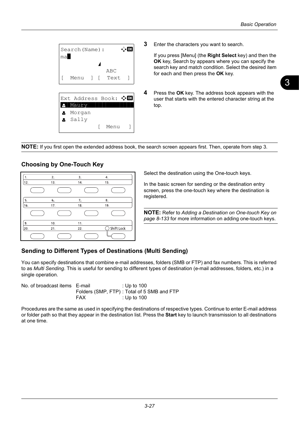 Choosing by one-touch key, Sending to different types of | TA Triumph-Adler P-3020 MFP User Manual | Page 123 / 481