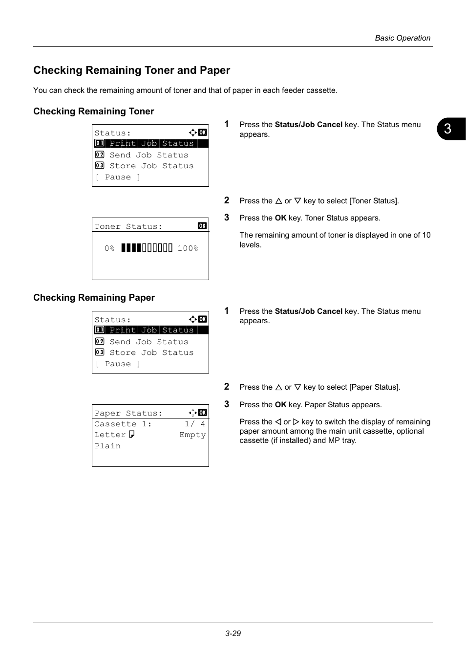 Checking remaining toner and paper, Checking remaining toner, Checking remaining paper | Checking remaining toner and paper -29 | TA Triumph-Adler P-3020 MFP User Manual | Page 125 / 481