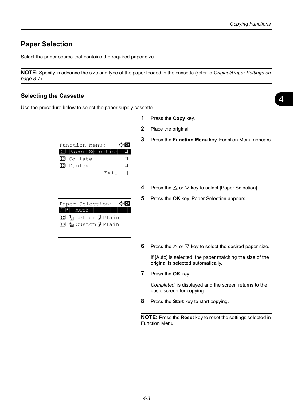 Paper selection, Selecting the cassette, Paper selection -3 | TA Triumph-Adler P-3020 MFP User Manual | Page 129 / 481
