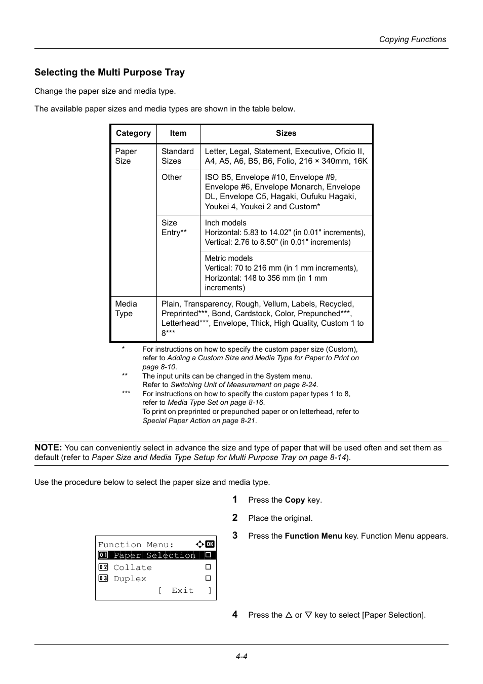 Selecting the multi purpose tray | TA Triumph-Adler P-3020 MFP User Manual | Page 130 / 481