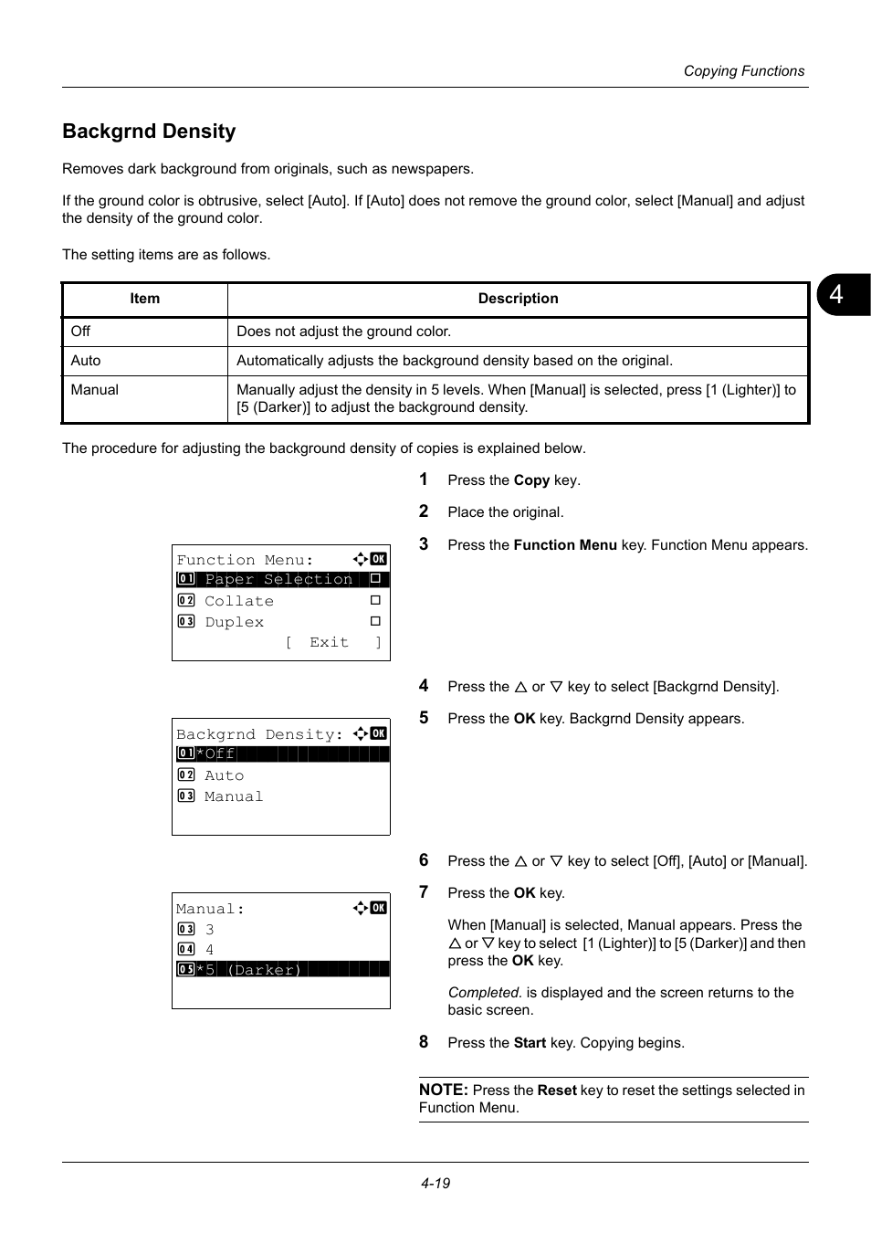 Backgrnd density, Backgrnd density -19 | TA Triumph-Adler P-3020 MFP User Manual | Page 145 / 481