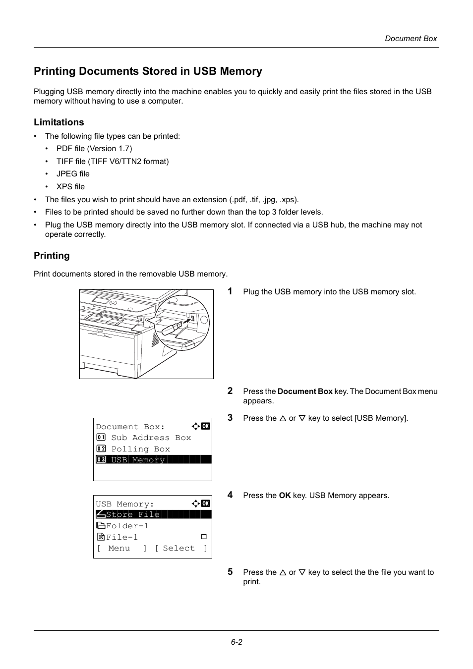 Printing documents stored in usb memory, Limitations, Printing | Printing documents stored in usb memory -2, Documents stored, In usb memory | TA Triumph-Adler P-3020 MFP User Manual | Page 174 / 481
