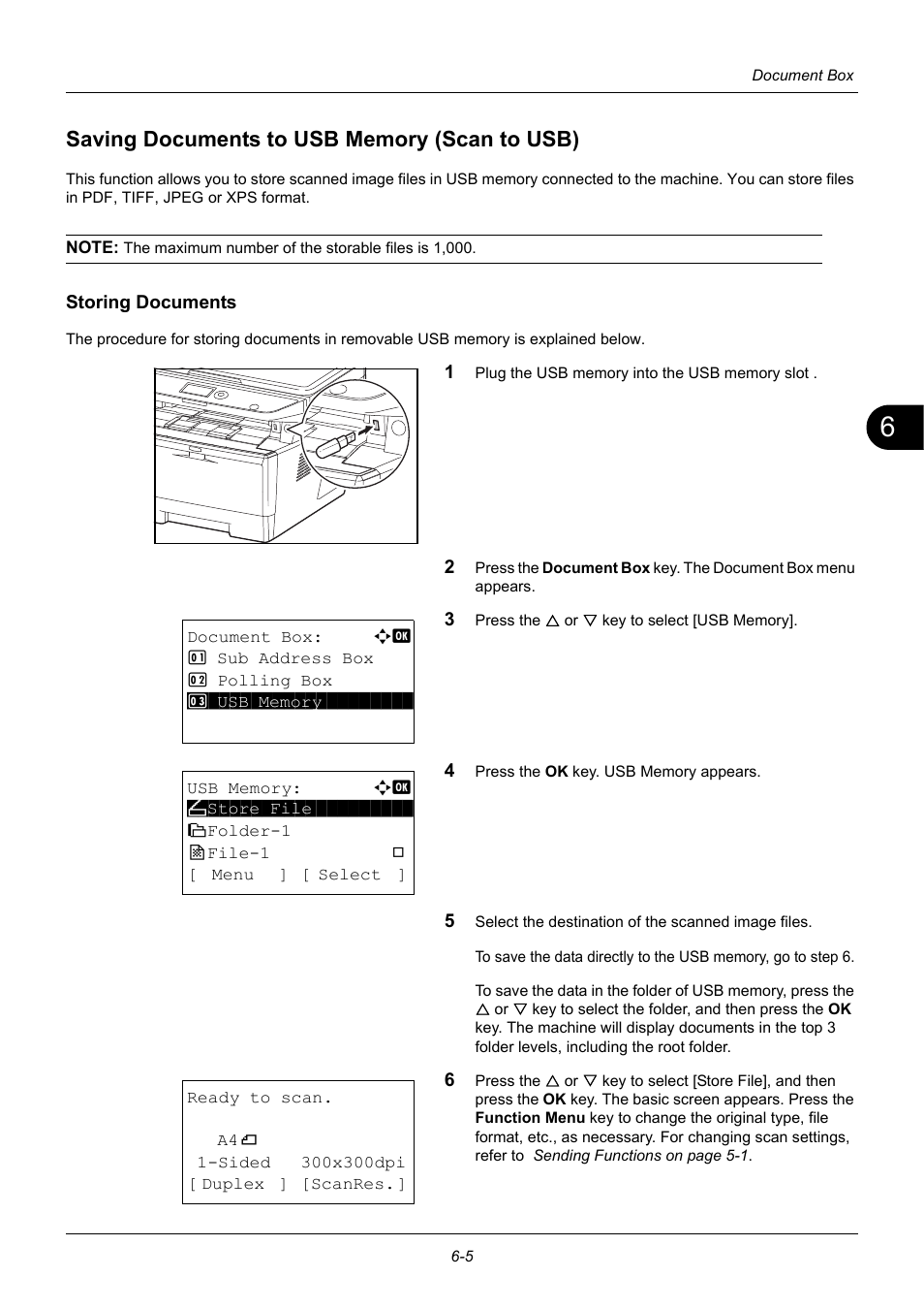Saving documents to usb memory (scan to usb), Storing documents, Saving documents to usb memory (scan to usb) -5 | Saving documents, To usb memory, Scan to usb) -5 | TA Triumph-Adler P-3020 MFP User Manual | Page 177 / 481