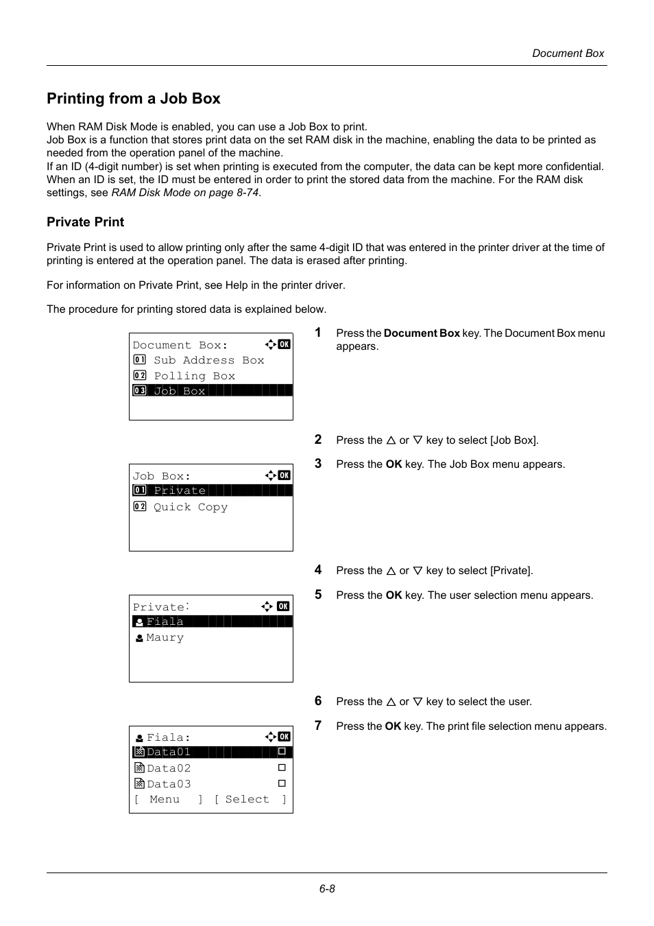 Printing from a job box, Private print, Printing from a job box -8 | TA Triumph-Adler P-3020 MFP User Manual | Page 180 / 481