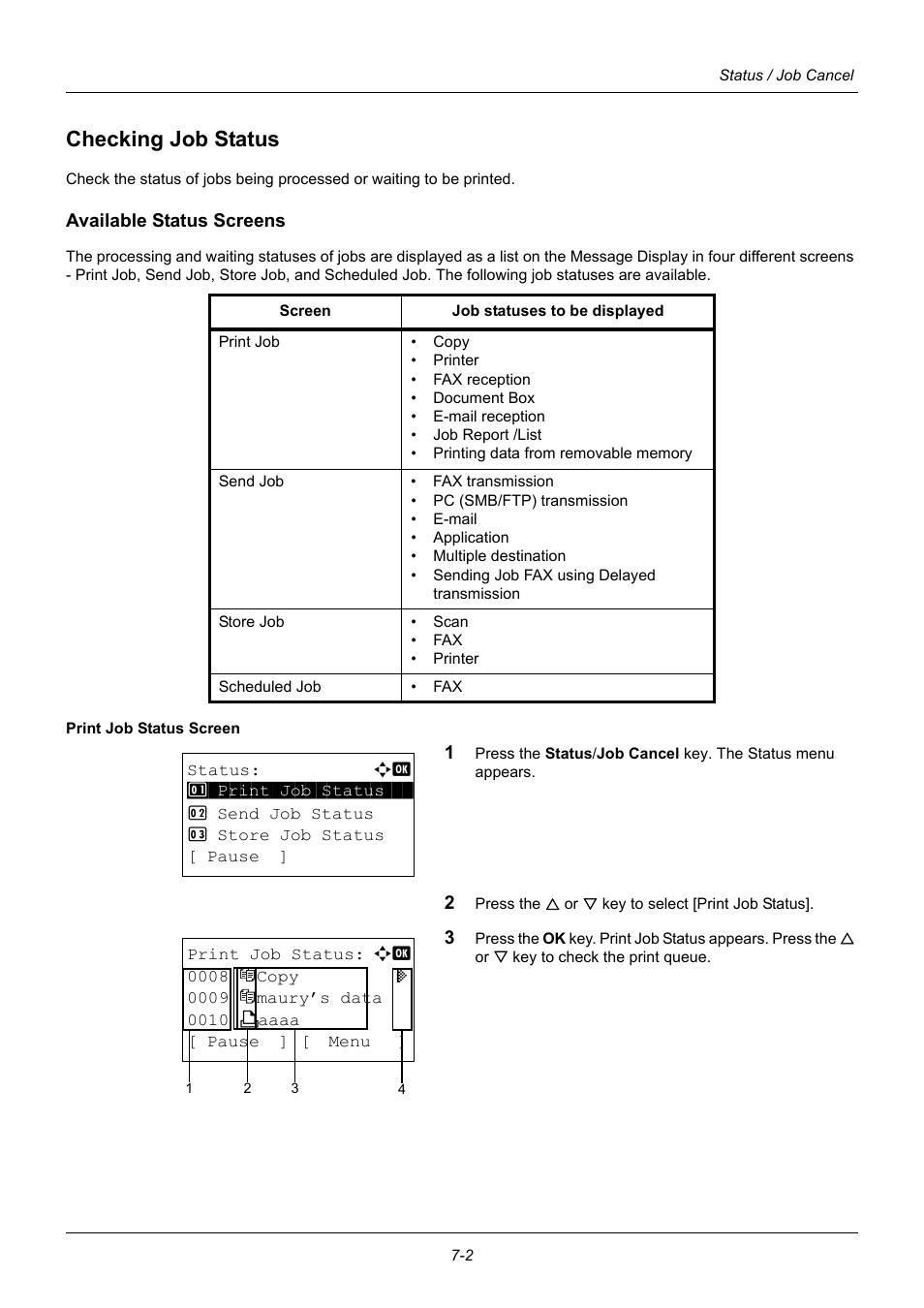 Checking job status, Available status screens, Checking job status -2 | TA Triumph-Adler P-3020 MFP User Manual | Page 186 / 481