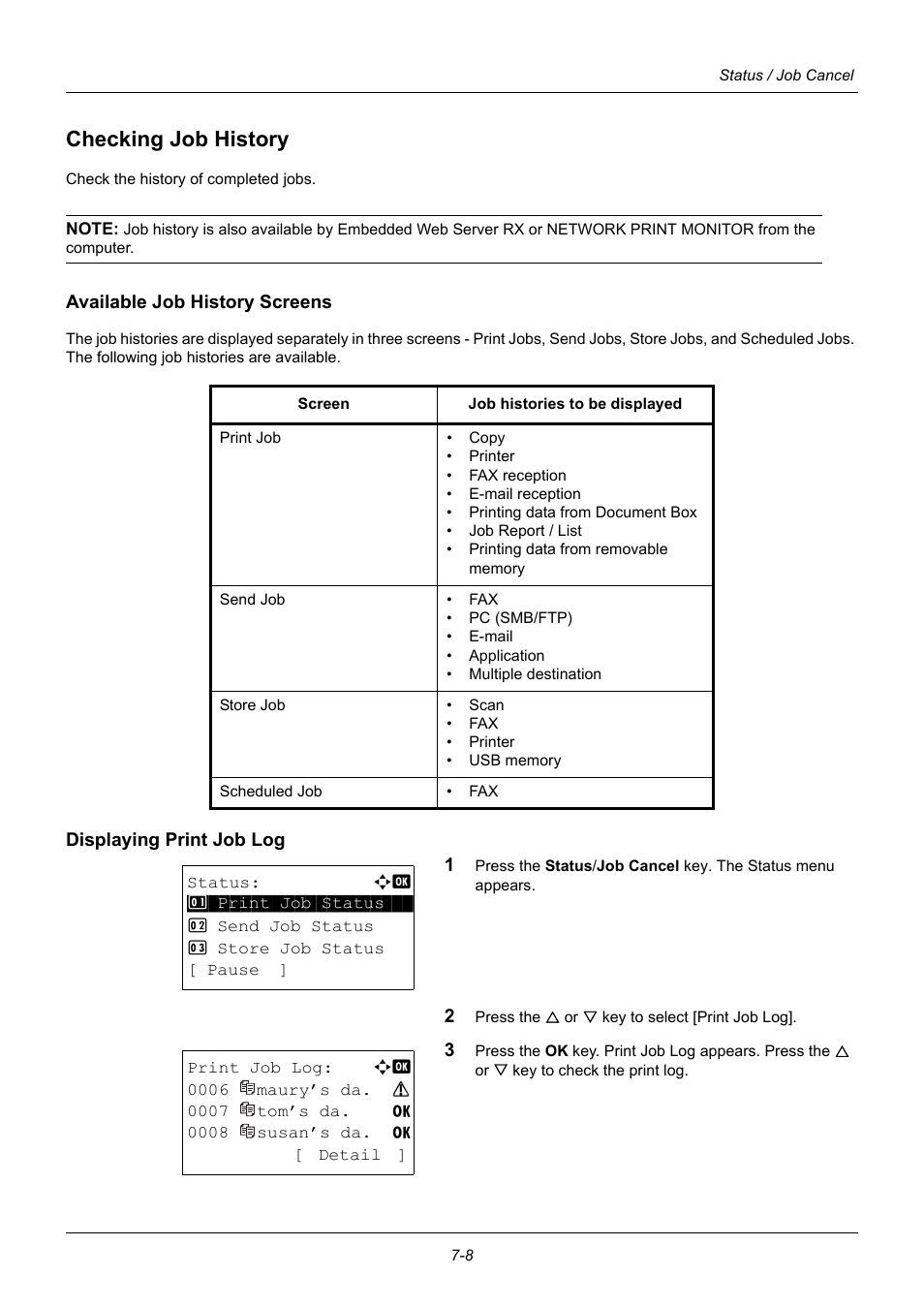 Checking job history, Available job history screens, Displaying print job log | Checking job history -8 | TA Triumph-Adler P-3020 MFP User Manual | Page 192 / 481