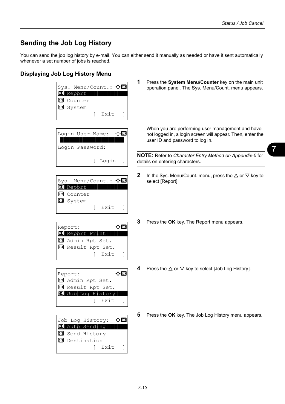 Sending the job log history, Displaying job log history menu, Sending the job log history -13 | TA Triumph-Adler P-3020 MFP User Manual | Page 197 / 481