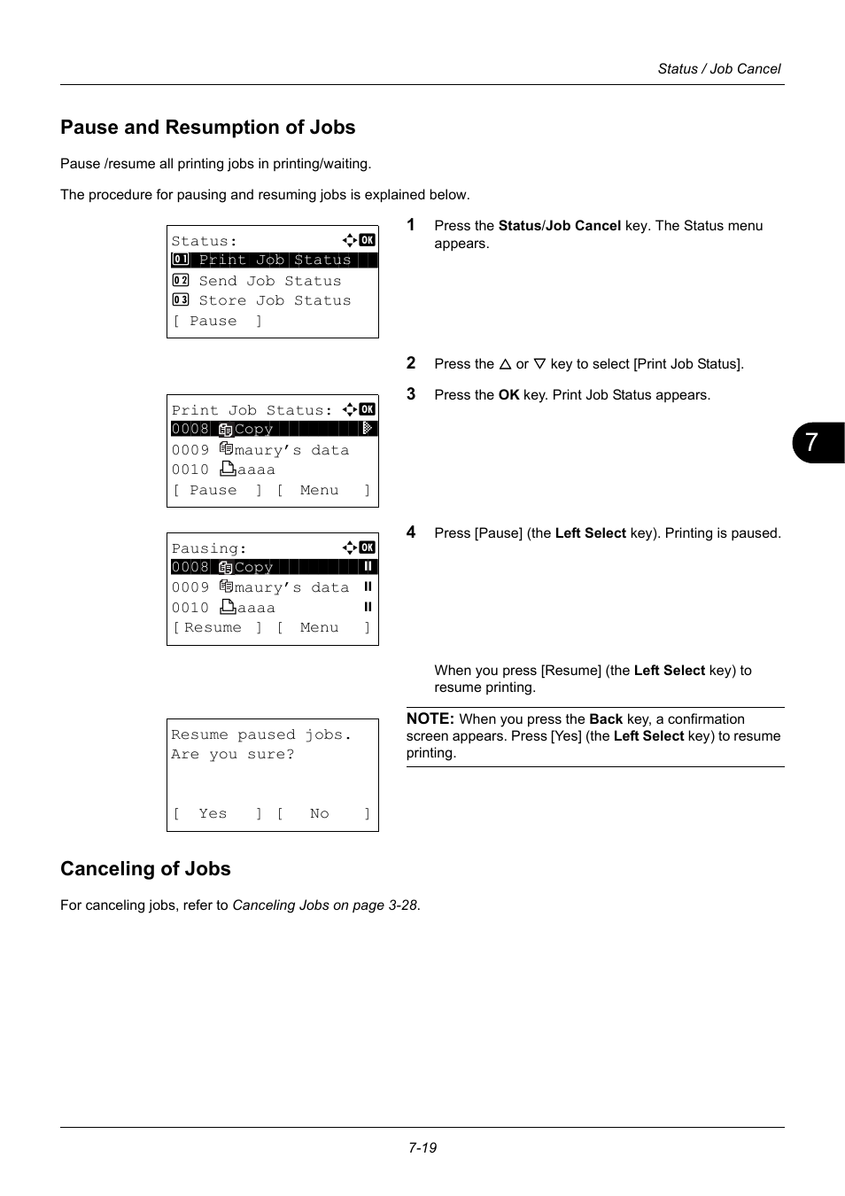 Pause and resumption of jobs, Canceling of jobs, Pause and resumption of jobs -19 | Canceling of jobs -19 | TA Triumph-Adler P-3020 MFP User Manual | Page 203 / 481