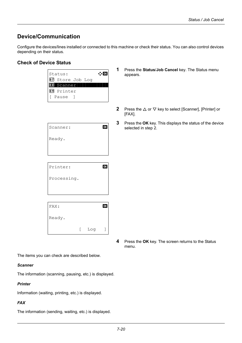 Device/communication, Check of device status, Device/communication -20 | TA Triumph-Adler P-3020 MFP User Manual | Page 204 / 481