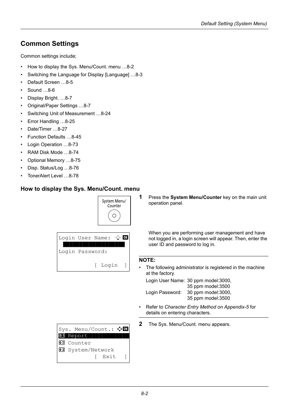 Common settings, How to display the sys. menu/count. menu, Common settings -2 | TA Triumph-Adler P-3020 MFP User Manual | Page 208 / 481