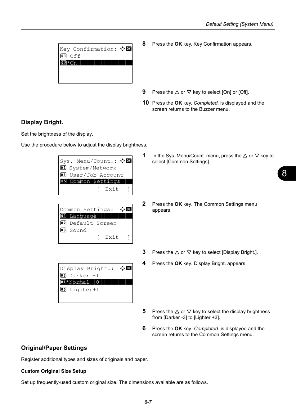 Display bright, Original/paper settings, Display bright. …8-7 | Original/paper settings …8-7 | TA Triumph-Adler P-3020 MFP User Manual | Page 213 / 481