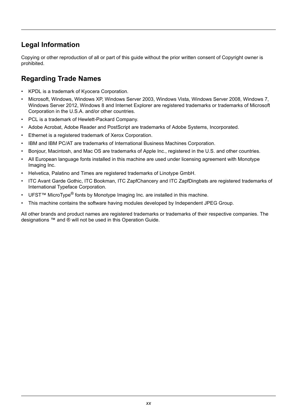 Legal information, Regarding trade names | TA Triumph-Adler P-3020 MFP User Manual | Page 22 / 481