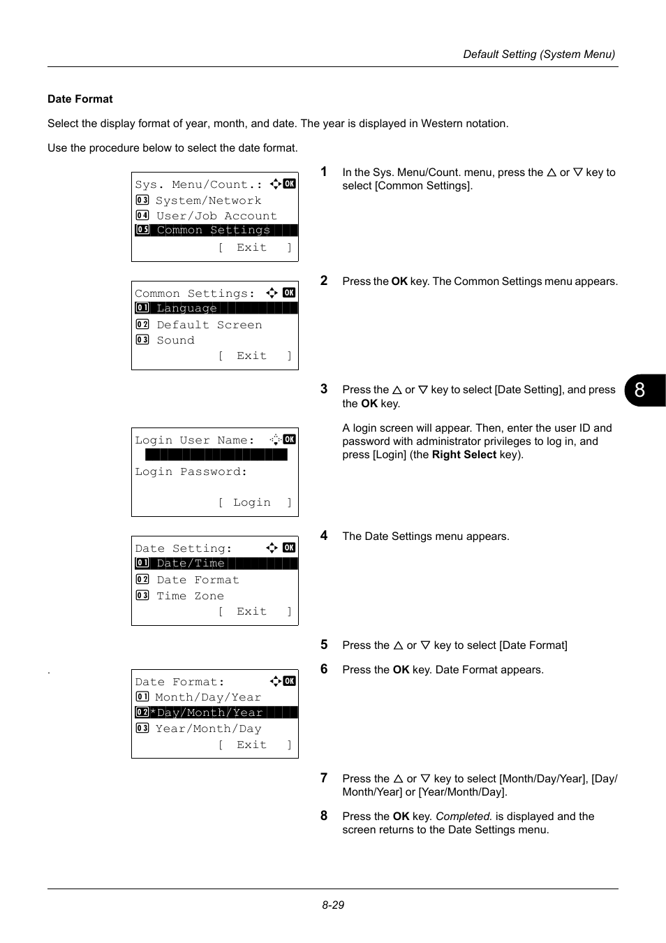 Date format | TA Triumph-Adler P-3020 MFP User Manual | Page 235 / 481