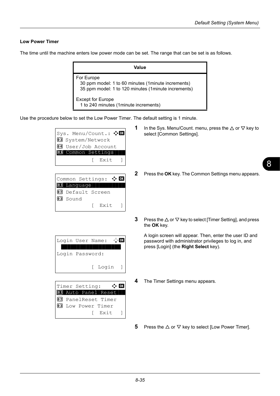 Low power timer …8-35 | TA Triumph-Adler P-3020 MFP User Manual | Page 241 / 481