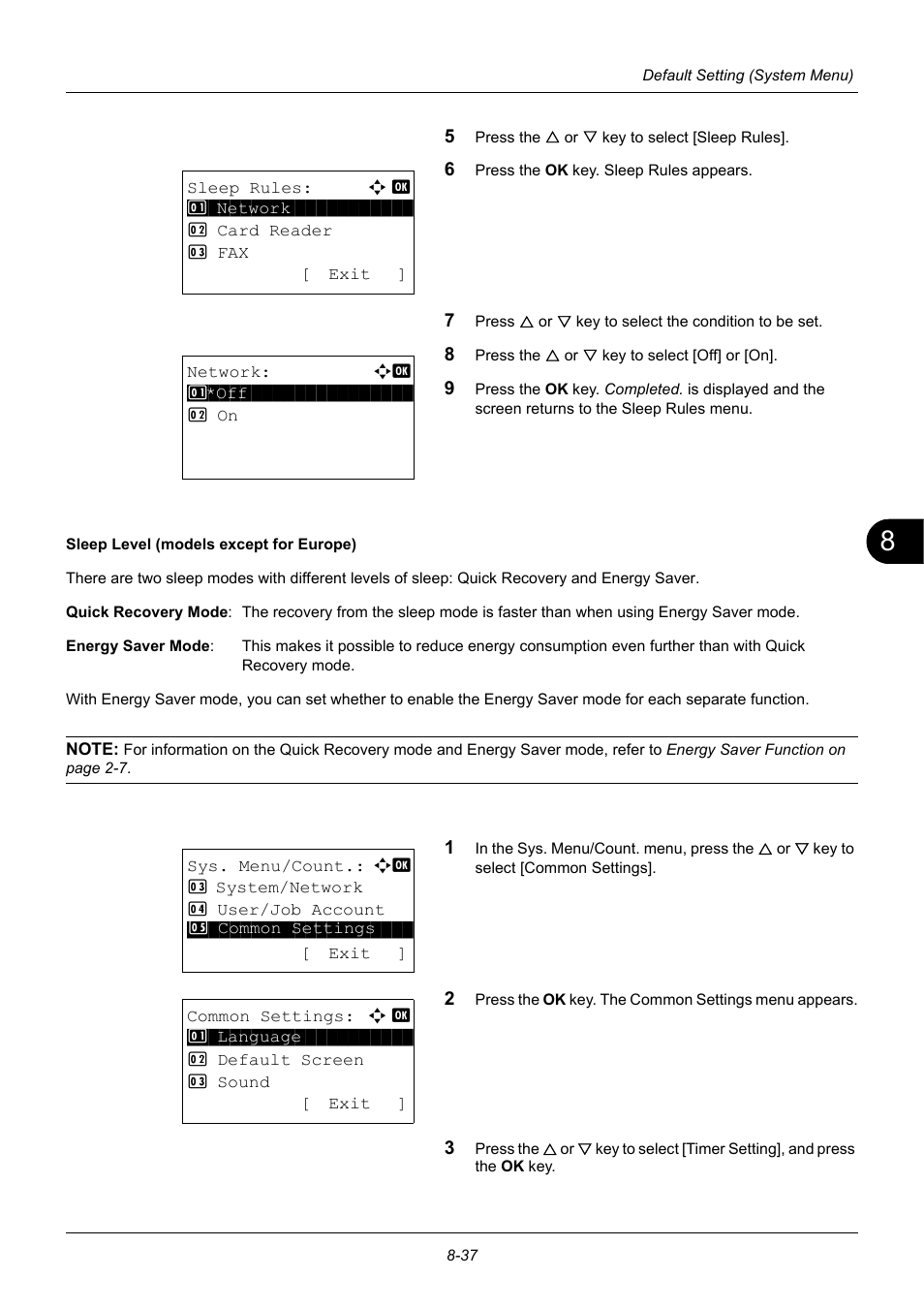 Sleep level (models except for europe) …8-37 | TA Triumph-Adler P-3020 MFP User Manual | Page 243 / 481