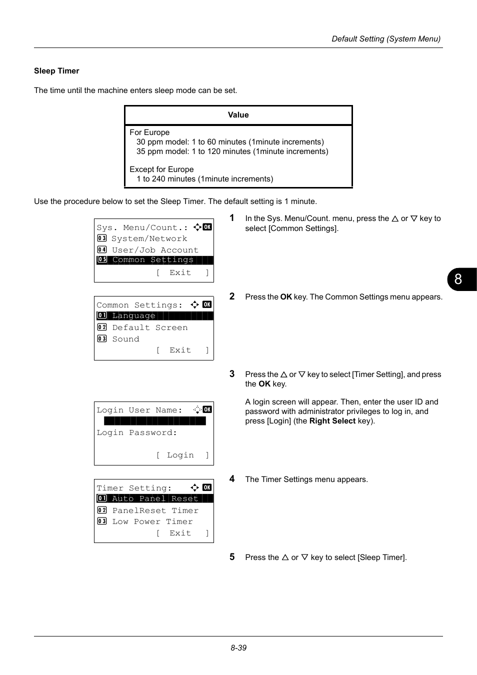 Sleep timer …8-39 | TA Triumph-Adler P-3020 MFP User Manual | Page 245 / 481