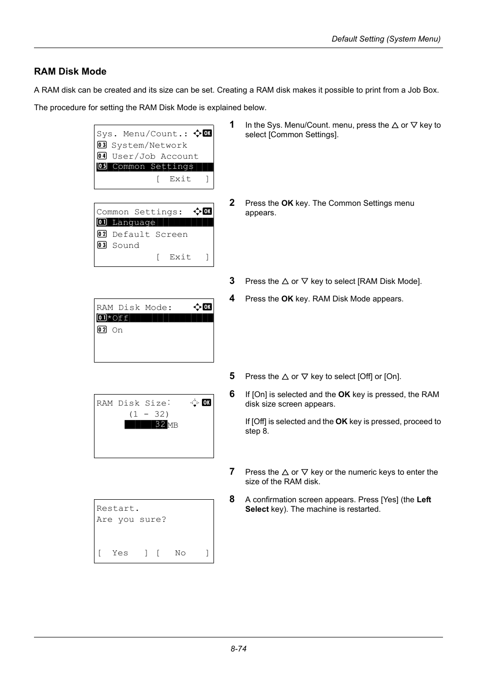 Ram disk mode, Ram disk mode …8-74 | TA Triumph-Adler P-3020 MFP User Manual | Page 280 / 481