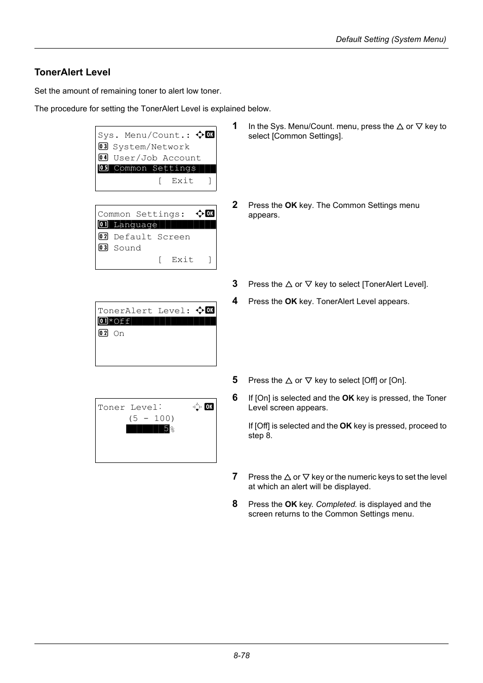 Toneralert level, Toneralert level …8-78 | TA Triumph-Adler P-3020 MFP User Manual | Page 284 / 481