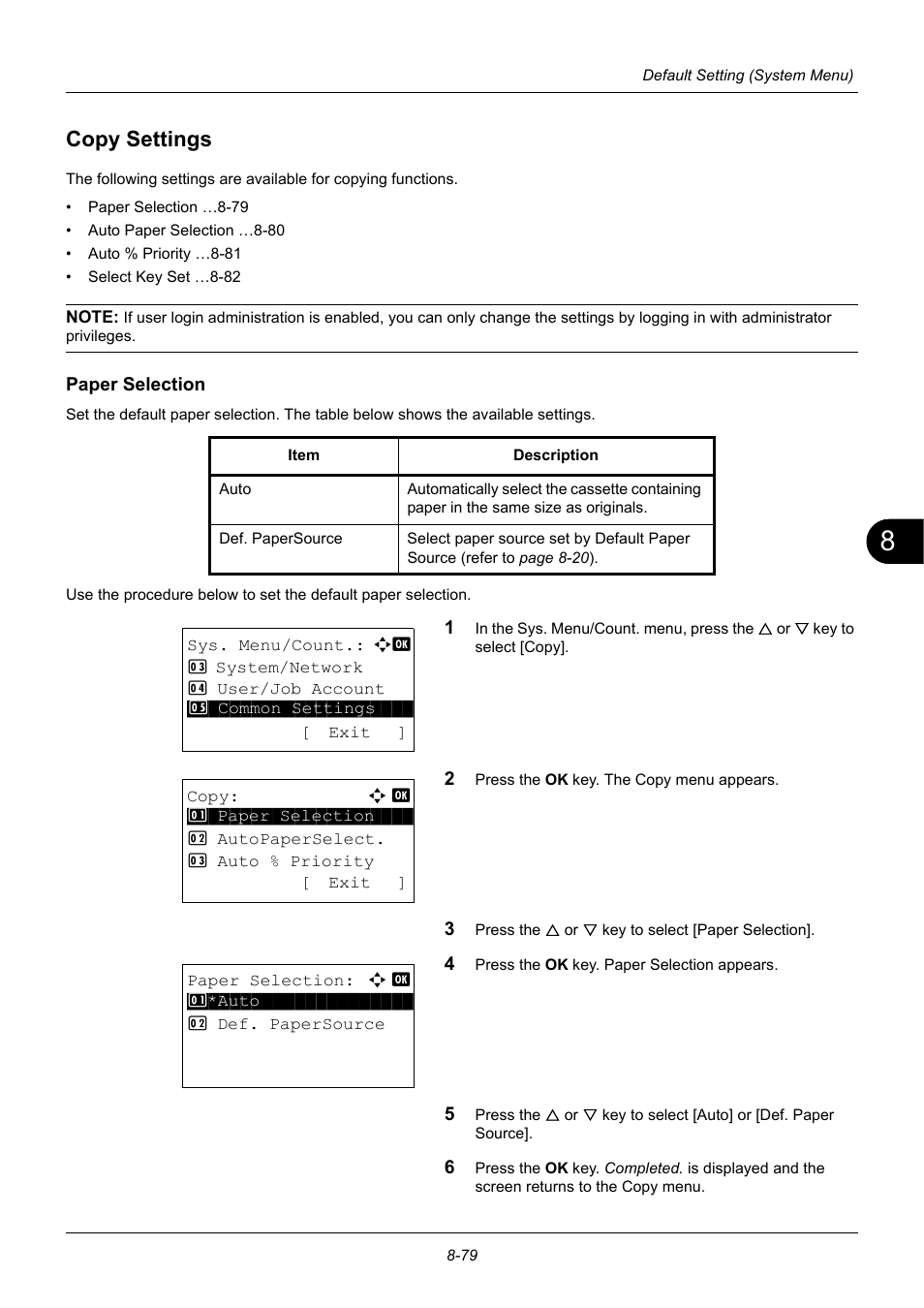 Copy settings, Paper selection, Copy settings -79 | TA Triumph-Adler P-3020 MFP User Manual | Page 285 / 481