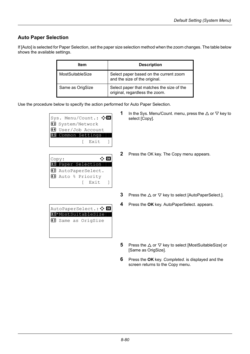 Auto paper selection, Auto paper selection …8-80 | TA Triumph-Adler P-3020 MFP User Manual | Page 286 / 481