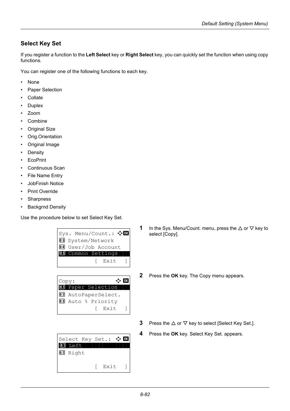 Select key set, Select key set …8-82 | TA Triumph-Adler P-3020 MFP User Manual | Page 288 / 481