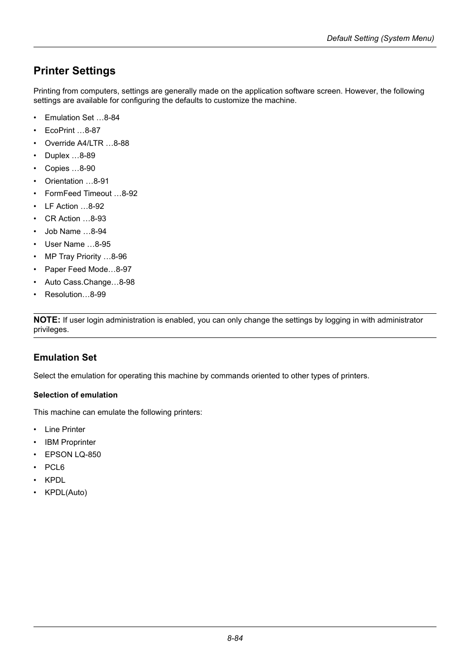 Printer settings, Emulation set, Printer settings -84 | TA Triumph-Adler P-3020 MFP User Manual | Page 290 / 481