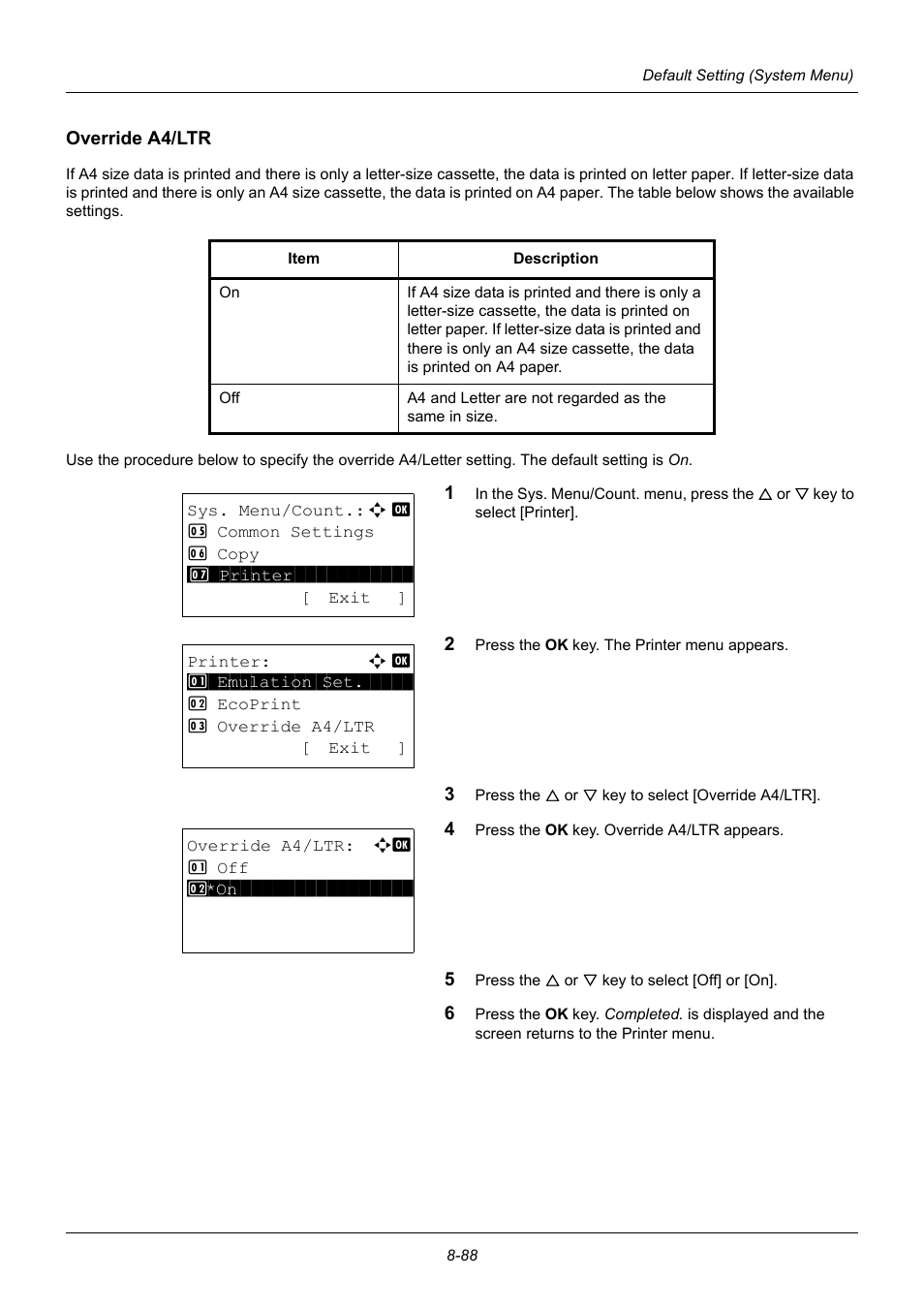Override a4/ltr, Override a4/ltr …8-88 | TA Triumph-Adler P-3020 MFP User Manual | Page 294 / 481
