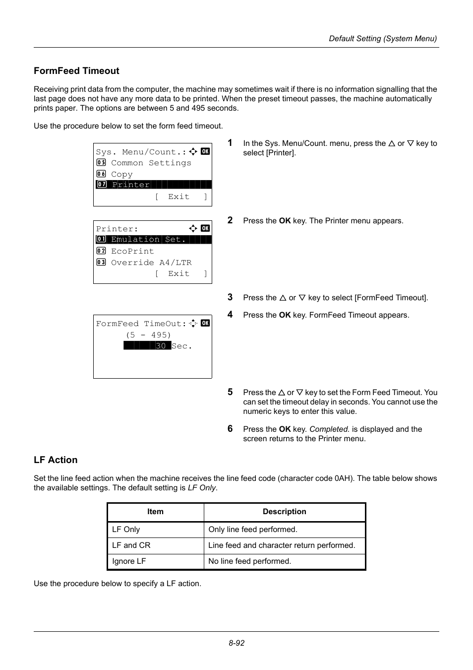 Formfeed timeout, Lf action, Formfeed timeout …8-92 | Lf action …8-92 | TA Triumph-Adler P-3020 MFP User Manual | Page 298 / 481