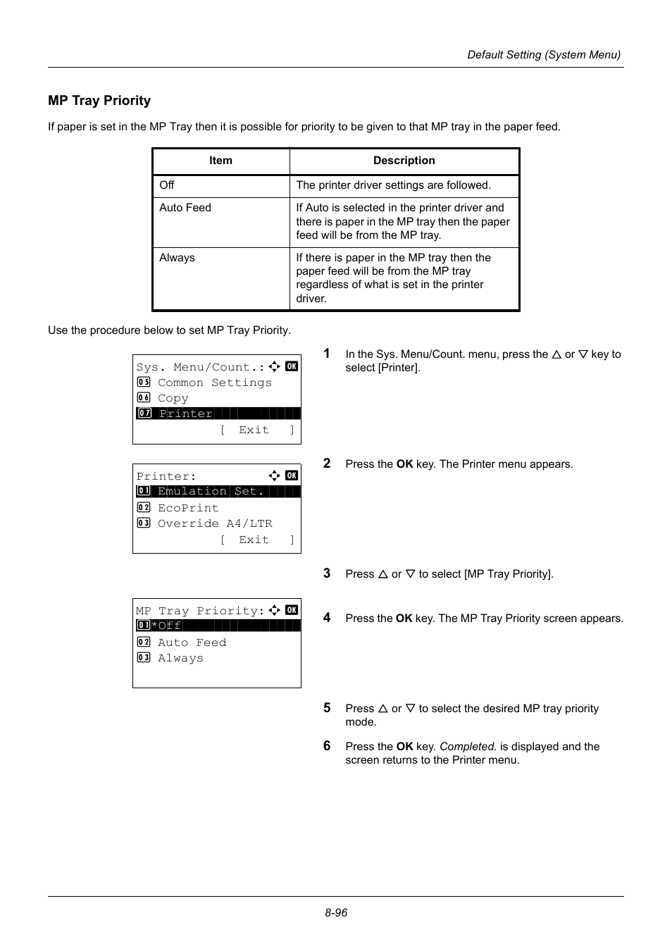Mp tray priority, Mp tray priority …8-96 | TA Triumph-Adler P-3020 MFP User Manual | Page 302 / 481