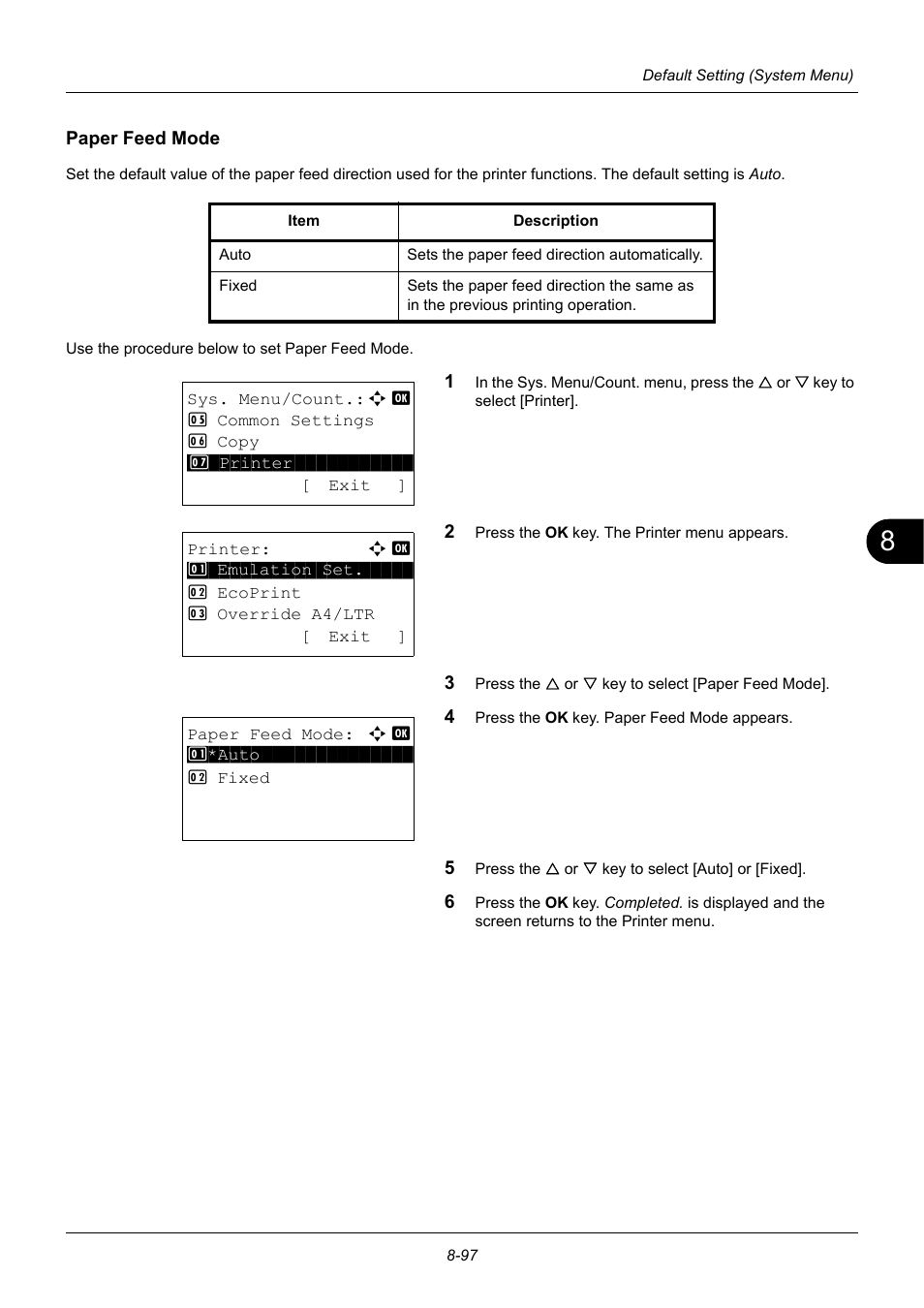 Paper feed mode, Paper feed mode…8-97 | TA Triumph-Adler P-3020 MFP User Manual | Page 303 / 481