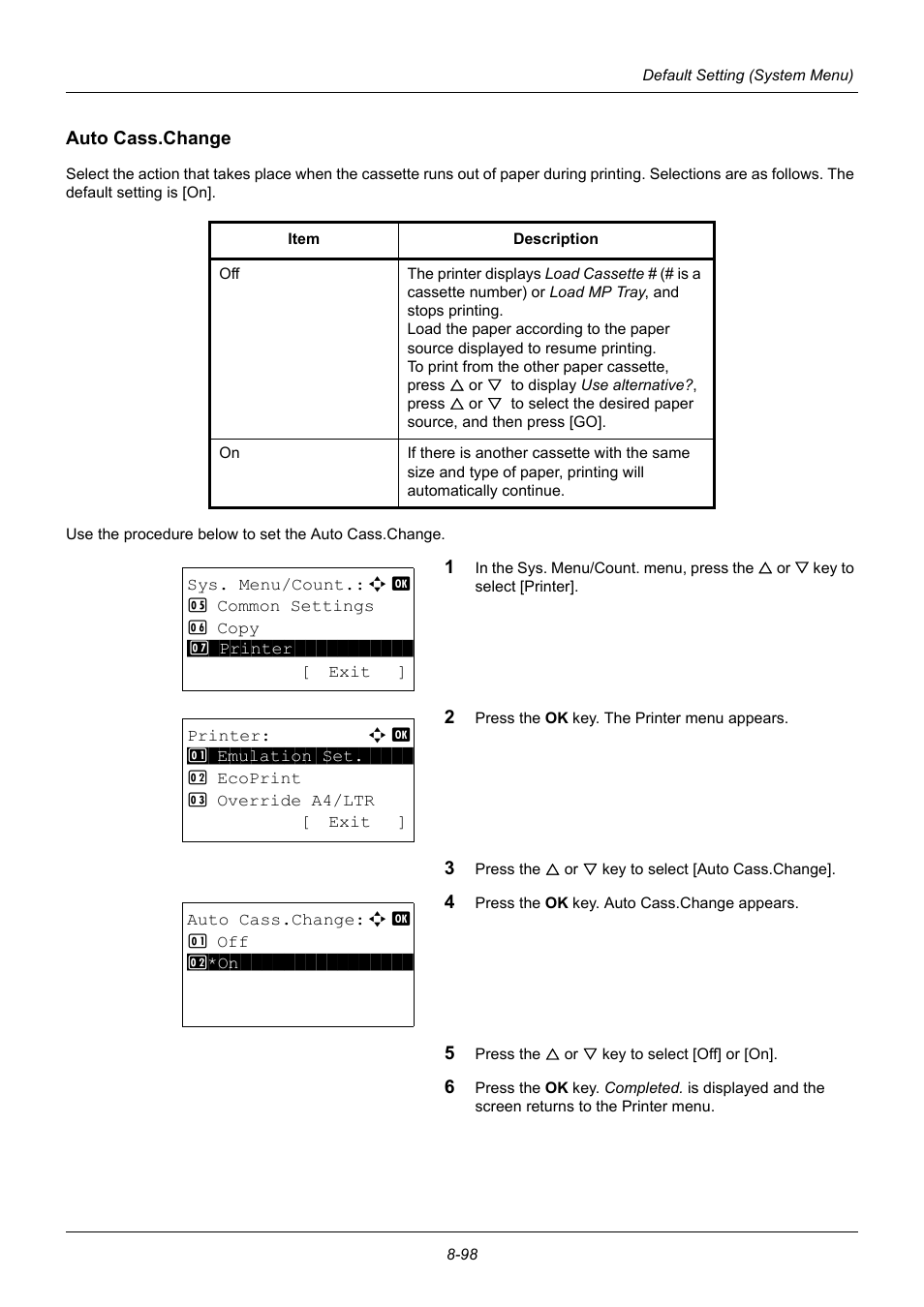 Auto cass.change, Auto cass.change…8-98 | TA Triumph-Adler P-3020 MFP User Manual | Page 304 / 481