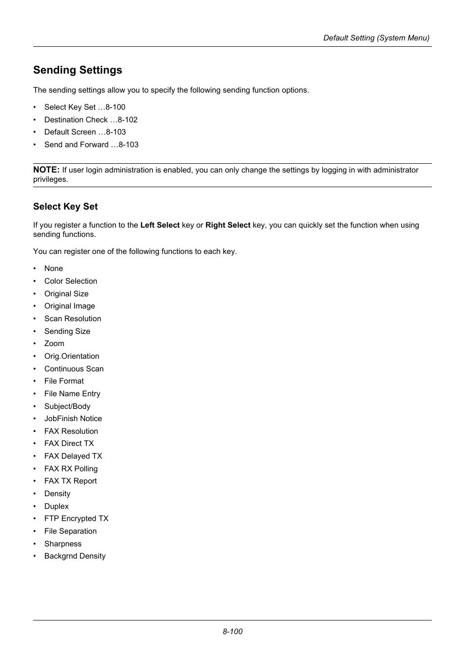 Sending settings, Select key set, Sending settings -100 | TA Triumph-Adler P-3020 MFP User Manual | Page 306 / 481