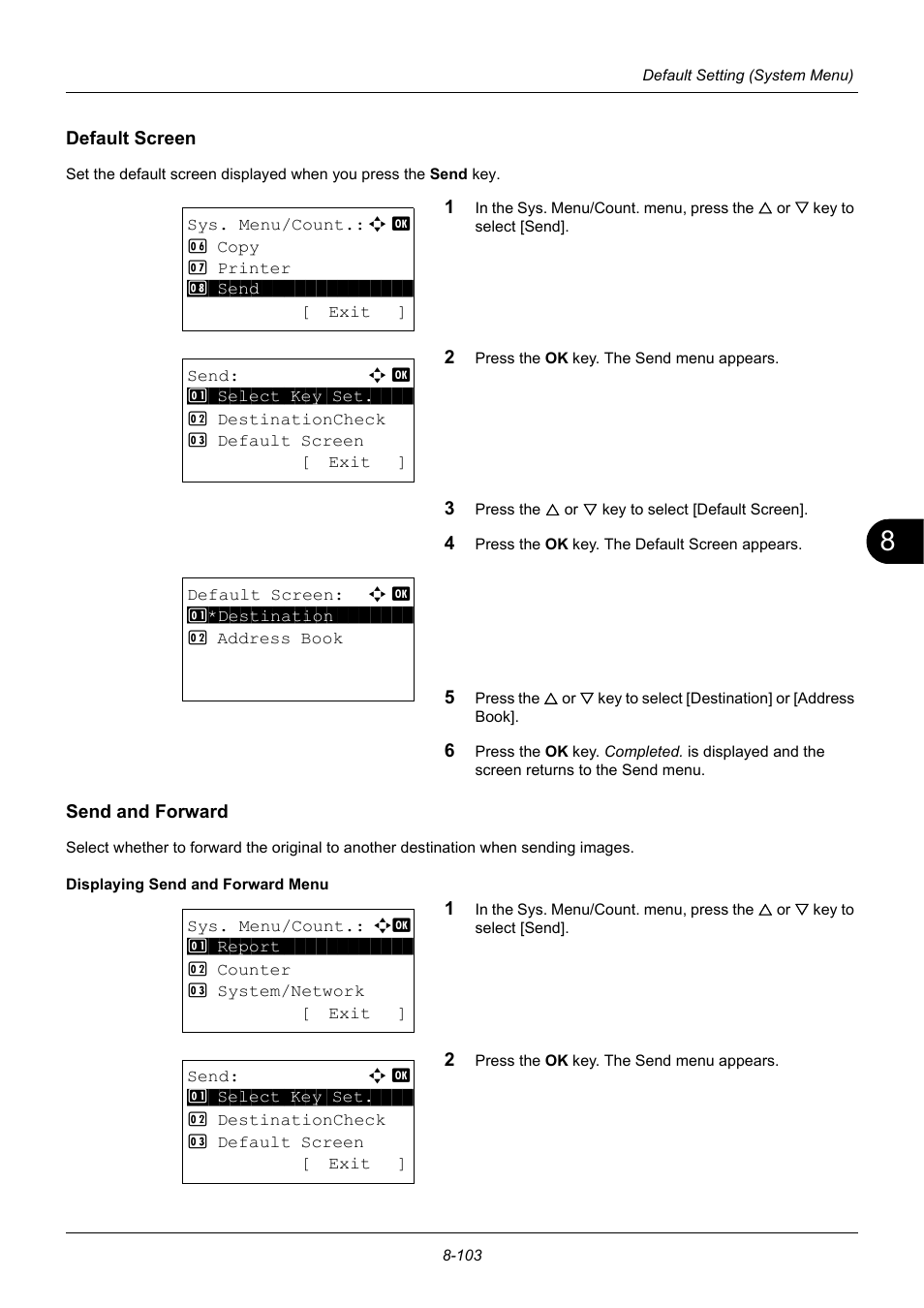 Default screen, Send and forward, Send and forward …8-103 | TA Triumph-Adler P-3020 MFP User Manual | Page 309 / 481