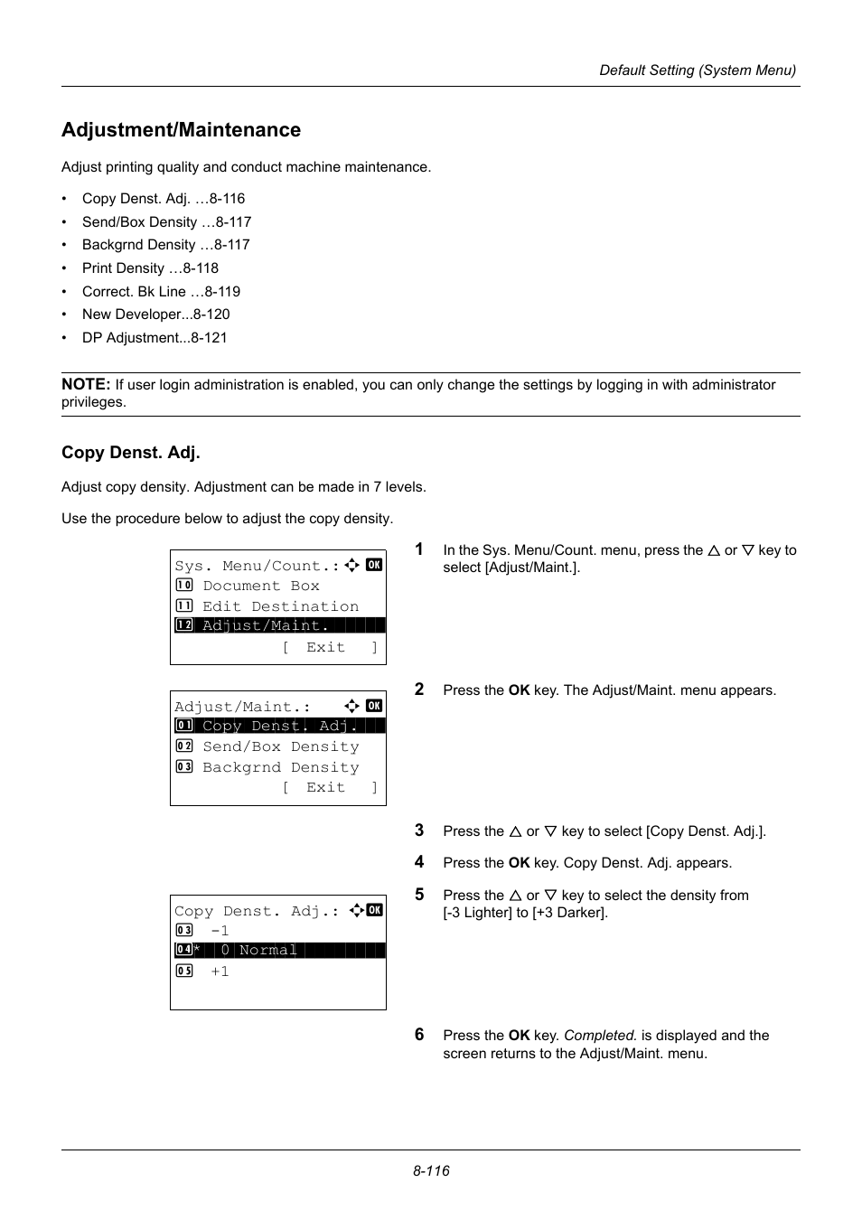 Adjustment/maintenance, Copy denst. adj, Adjustment/maintenance -116 | TA Triumph-Adler P-3020 MFP User Manual | Page 322 / 481