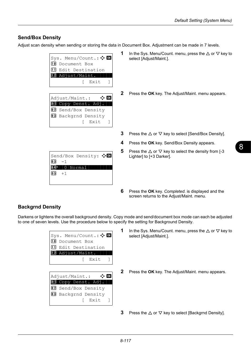 Send/box density, Backgrnd density, Send/box density …8-117 | Backgrnd density …8-117 | TA Triumph-Adler P-3020 MFP User Manual | Page 323 / 481