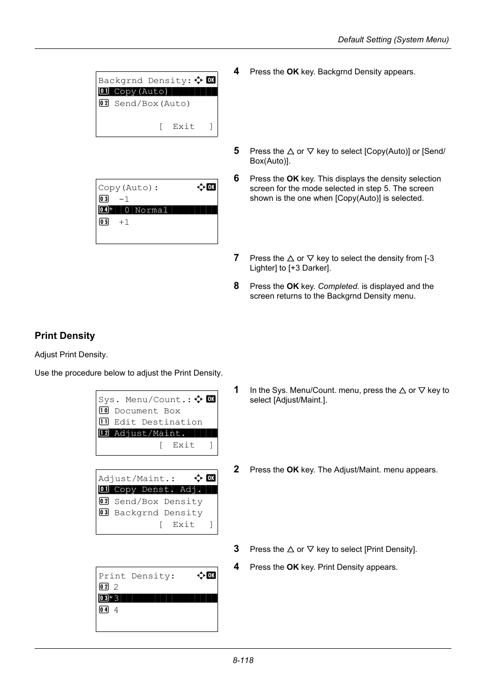 Print density, Print density …8-118 | TA Triumph-Adler P-3020 MFP User Manual | Page 324 / 481