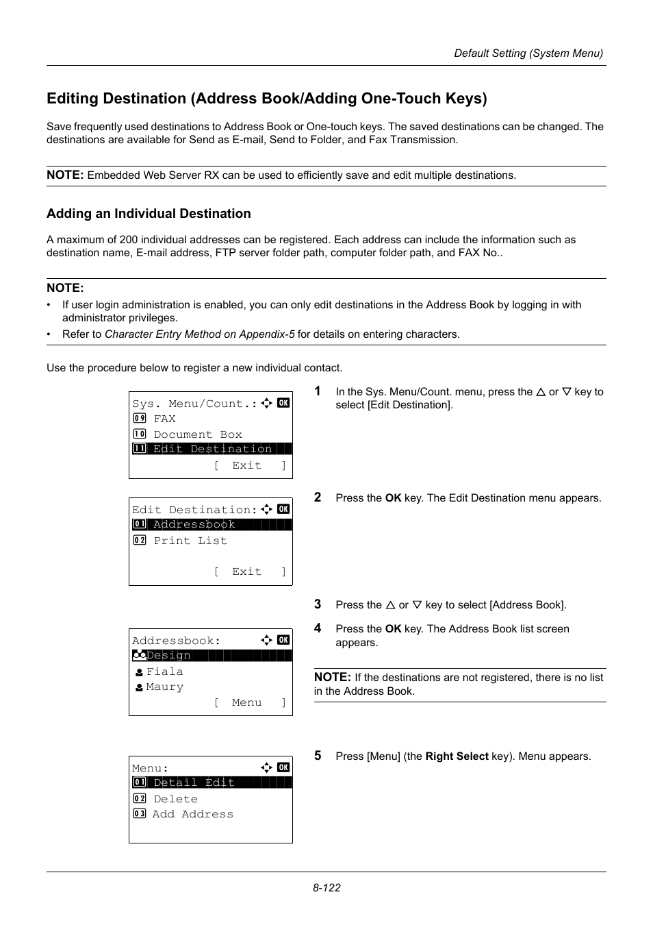 Adding an individual destination, Editing destination (address book/adding, One-touch keys) -122 | TA Triumph-Adler P-3020 MFP User Manual | Page 328 / 481