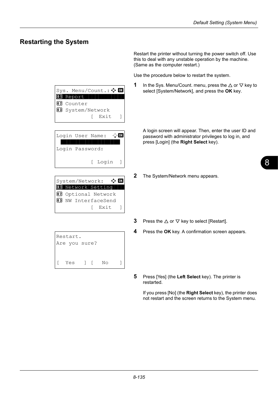 Restarting the system, Restarting the system -135 | TA Triumph-Adler P-3020 MFP User Manual | Page 341 / 481