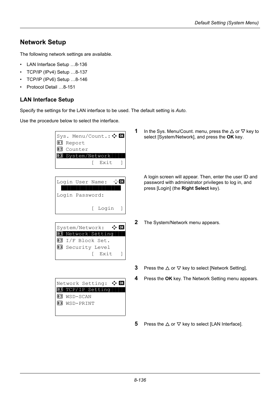Network setup, Lan interface setup, Network setup -136 | TA Triumph-Adler P-3020 MFP User Manual | Page 342 / 481