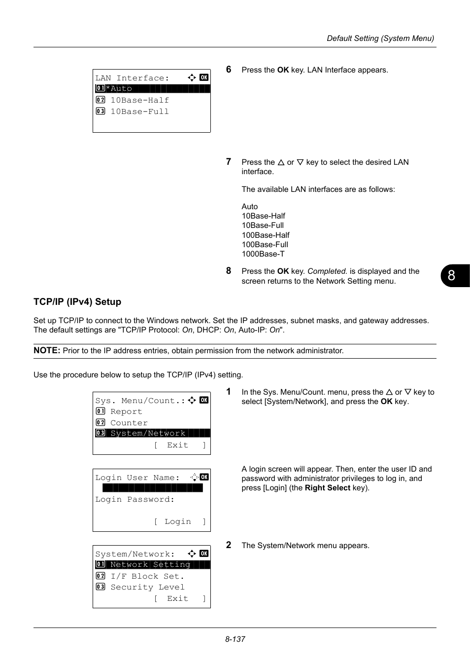 Tcp/ip (ipv4) setup, Tcp/ip (ipv4) setup …8-137 | TA Triumph-Adler P-3020 MFP User Manual | Page 343 / 481