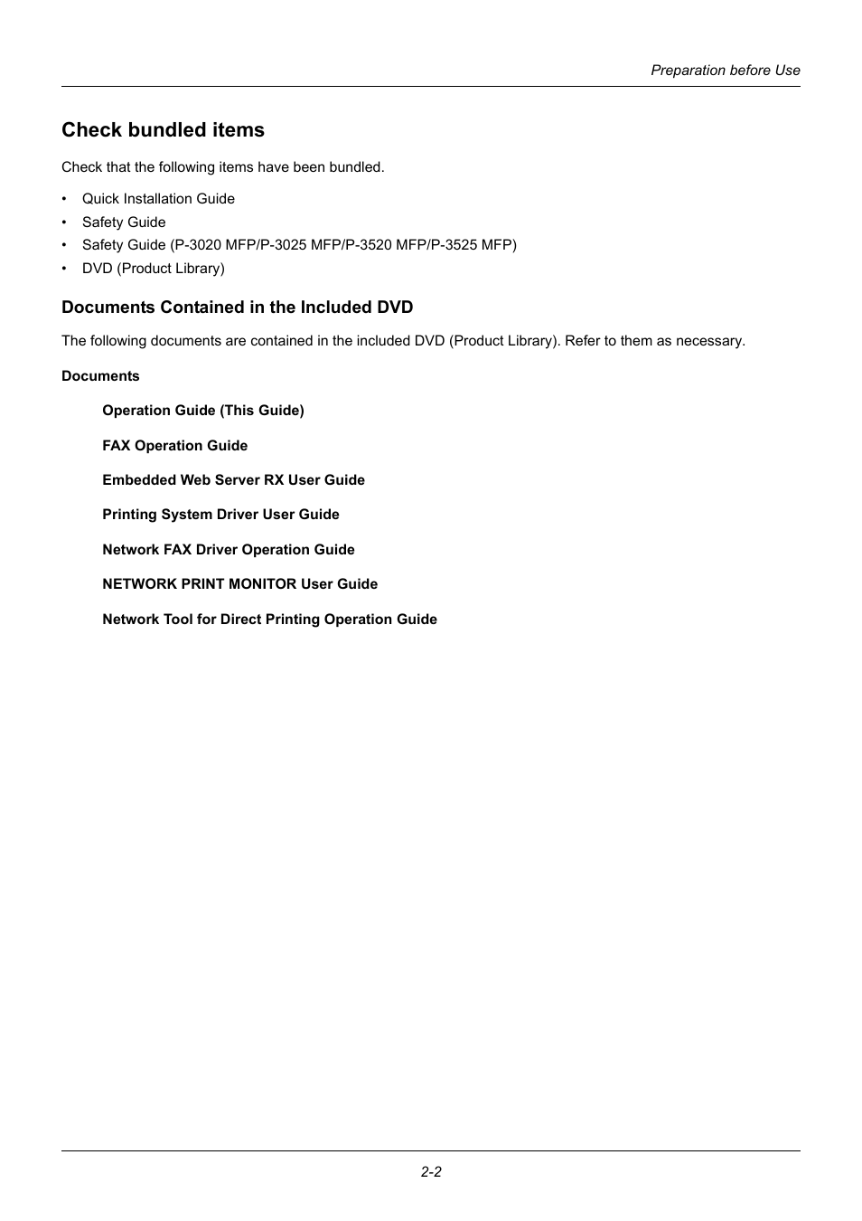 Check bundled items, Documents contained in the included dvd, Check bundled items -2 | TA Triumph-Adler P-3020 MFP User Manual | Page 36 / 481