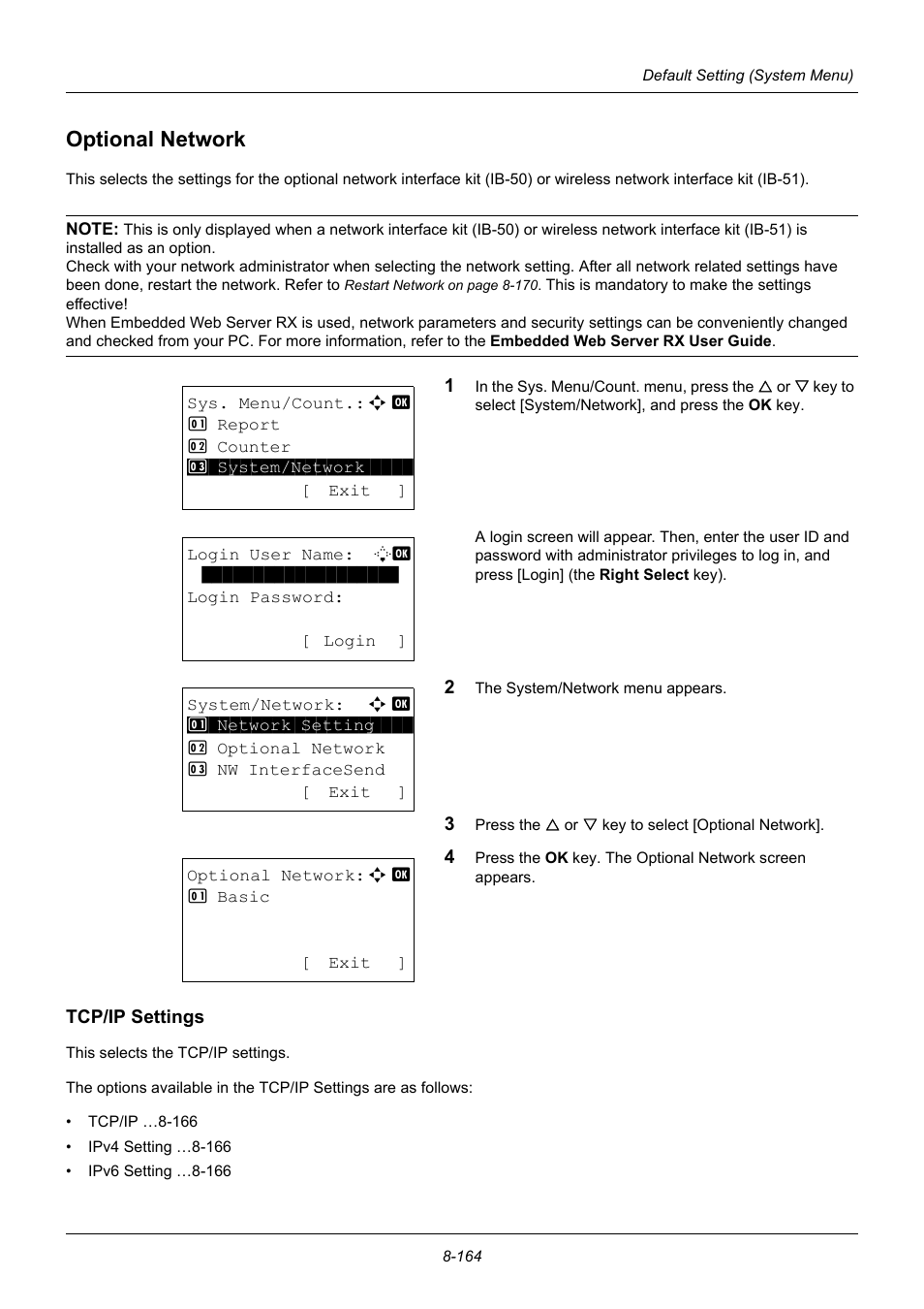 Optional network, Tcp/ip settings, Optional network -164 | TA Triumph-Adler P-3020 MFP User Manual | Page 370 / 481