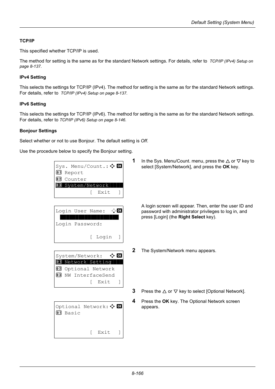 Tcp/ip …8-166, Ipv4 setting …8-166, Ipv6 setting …8-166 | TA Triumph-Adler P-3020 MFP User Manual | Page 372 / 481